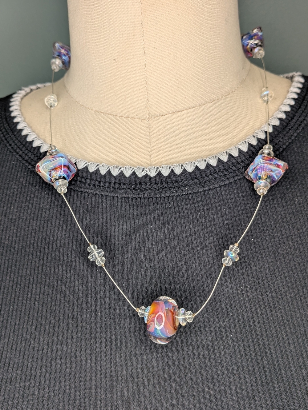 Artisan Murano Style Dichroic Lampwork Glass Floating Bead Toggle Necklace